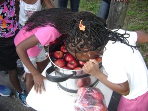 girls bobbing for apples